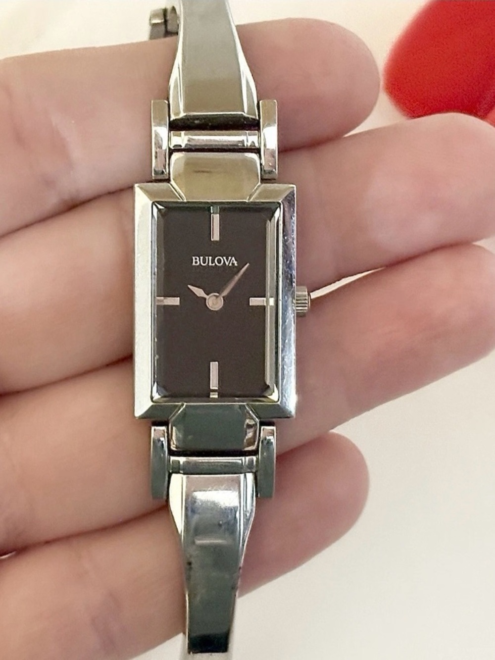 Classic Ladies Bulova Rectangular Black Dial Sleek Silver Steel Watch WORKS!!
